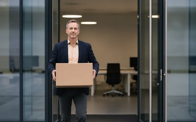 Mann verlässt mit einem Karton das Bürogebäude