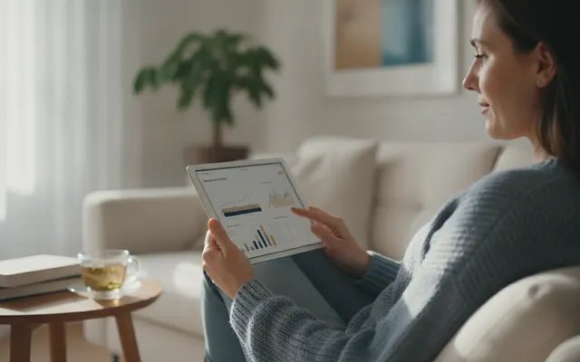 Frau prüft ihr Tagesgeldkonto auf dem Tablet