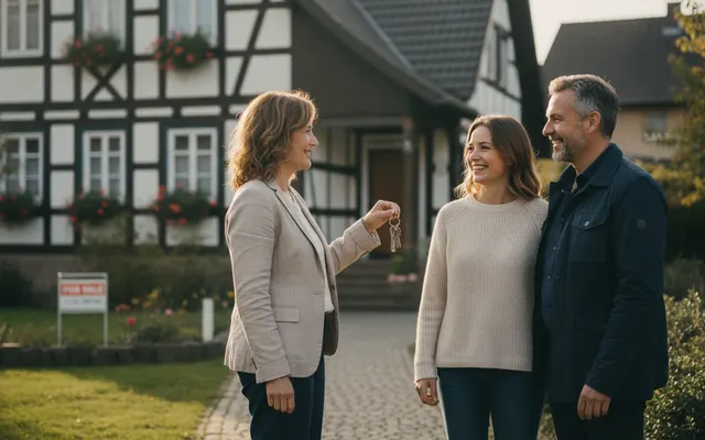 Paar übergibt die Hausschlüssel vor einem Einfamilienhaus