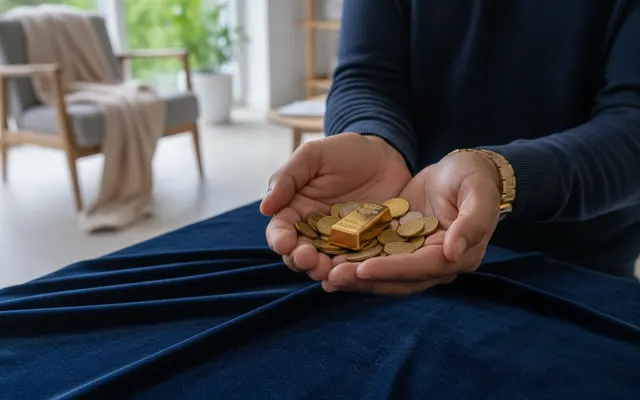 Hände halten kleine Goldbarren und Münzen