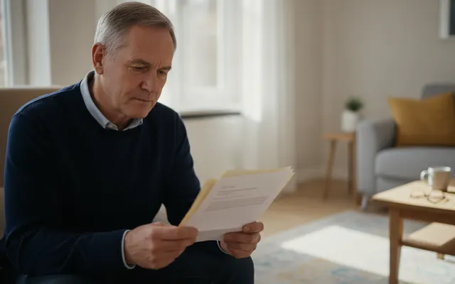 Mann um die sechzig liest einen Brief der Versicherung
